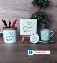 Doğum Günü Hediyesi Hediye Seti Dekoratif Taş, Kalemlik, Ahşap Altlıklı Türk Kahvesi Fincanı, Ahşap Anahtarlık Hediye (Model 9)
