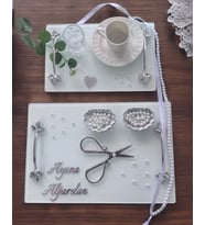 Adore Gümüş Beyaz İncili Söz Tepsisi Nişan Tepsisi ve Damat Kahve Fincan Tepsisi (Mor)
