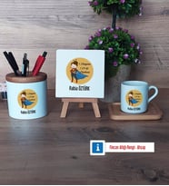 Öğretmenler Günü Hediyesi Hediye Seti Dekoratif Taş, Kalemlik, Ahşap Altlıklı Türk Kahvesi Fincanı Hediye (Model 1)