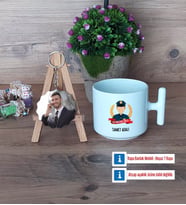 Erkek Polis Kupa Bardak Beyaz ve Fotoğraflı Ahşap Anahtarlık Hediye (Model 12)
