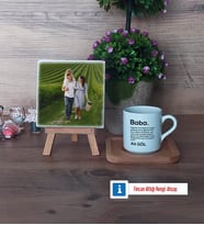 Baba Fotoğraflı Dekoratif Taş, Ahşap Altlıklı Türk Kahvesi Fincanı Hediye (Model 1)
