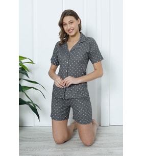 Mirano 1201 Pegasus Kumaş Düğmeli Şortlu Likralı Kadın Pijama Takımı (Füme)
