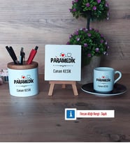 Paramedik Hediye Seti Dekoratif Taş, Kalemlik, Ahşap Altlıklı Türk Kahvesi Fincanı Hediye (Model 7)