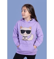 Toontoy Kız Çocuk Kedi Desenli Taş İşlemeli Kanguru Cepli Sweatshirt (Lila)