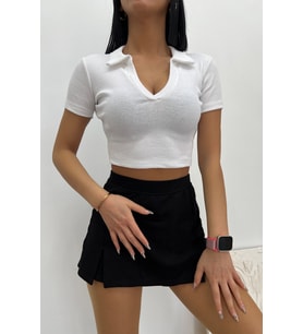 Kadın Polo Yaka Crop Bluz (Beyaz)