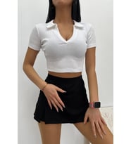 Kadın Polo Yaka Crop Bluz (Beyaz)