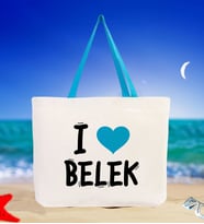 BK Gift I Love Belek Renkli Kulp Kanvas Plaj Çantası 48x40m, Baskılı Omuz Çantası, Alışveriş Çantası (Turkuaz)