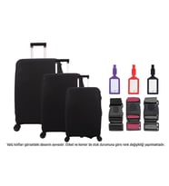 Bagacar Kalp 3lü Set Valiz Kılıfı, 3 lü Valiz Kemeri, 3lü Valiz Etiketi (SIYAH SPORT)