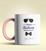 Kişiye Özel Benim Babam Kahramanım Tasarımlı Siyah Kupa Bardak (Pembe)