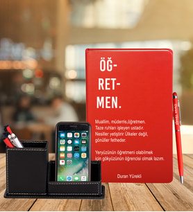 Kişiye Özel Öğretmen Tasarımlı Deri Defter & Roller Kalem & Ahşap Mdf Kalemlik (Kırmızı)