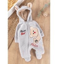 Ayıcık Figürlü Kapüşonlu Kışlık Welsoft Bebek Tulum (Gri)