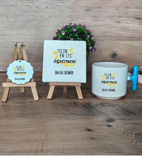 Yılın En İyi Öğretmeni Hediye Seti Kupa Bardak T Kulplu, Dekoratif Taş, Anahtarlık Öğretmenler Günü Hediyesi (Model 3)