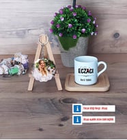 Eczacı Türk Kahvesi Fincanı Ahşap Altlıklı ve Fotoğraflı Ahşap Anahtarlık Hediye (Model 1)