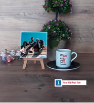 Arkadaşa Hediye Fotoğraflı Dekoratif Taş, Ahşap Altlıklı Türk Kahvesi Fincanı Hediye (Model 7)