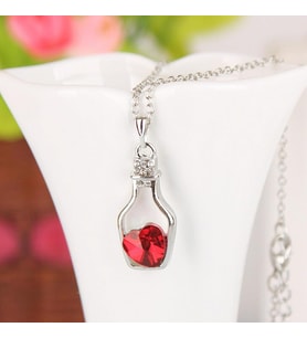Kalp Kristal Taşlı Şişe Kolye (Kırmızı)