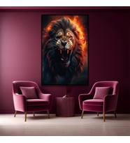 Metal Çerçeveli Temperli Cam Tablo Öfkeli Aslan (Siyah)