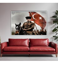 Metal Çerçeveli Yatay Cam Ofis Duvar Tablosu Atatürk Görseli (Gümüş)