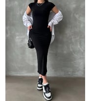 Kısa Kollu Sandy Basic Midi Elbise (Siyah)