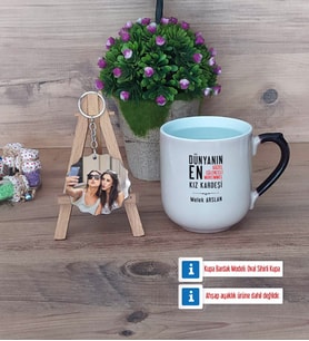 Kız Kardeş Kupa Bardak Beyaz ve Fotoğraflı Ahşap Anahtarlık Hediye (Model 10)