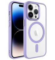 Apple iPhone 14 Pro Max Kılıf Renkli Kenar Şeffaf Kamera Çevresi Metal Magsafe TPU Silikon (Lila)