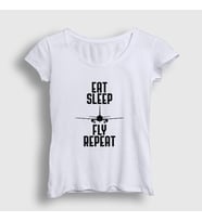 Presmono Kadın Sarı Eat Sleep Fly Repeat Pilot Airplane Uçak T-Shirt 398803tt (Beyaz)