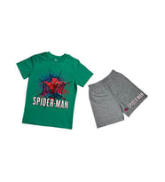 unisex Spiderman baskılı pamuklu kumaş kısa kollu şortlu ikili çocuk takımı (Yeşil)