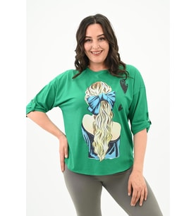 Kadın Büyük Beden Kalp Baskılı Oversize T-shirt 1773-3-24 (Benetton)