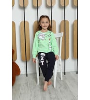 Yeni Sezon Kız Çocuk Garson Uzun Kollu Pamuk Cat Desen Penye Pijama Takımı 6053 (Yeşil)