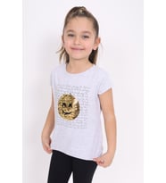 Toontoy Kız Çocuk Gülen Yüz Pullu Nakış Tişört ( Gri-Melanj)