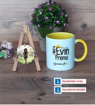 Evin Prensi Kupa Bardak Beyaz ve Fotoğraflı Ahşap Anahtarlık Hediye (Model 7)
