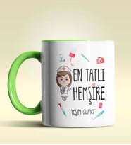 Kişiye Özel En Tatlı Hemşire Tasarımlı Turuncu Kupa Bardak (Yeşil)