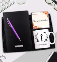 Kişiye Özel Kupa & Siyah Defter &Gümüş Renk Detaylı Tükenmez Kalem Hediye Seti (Mor)