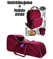 Portbebe Ana Kucağı Puset Bebek Taşıma + Anne Bebek Bakım Çantası 2 li Set (Bordo)