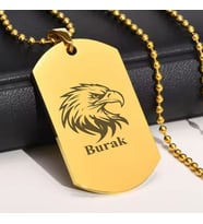 Kişiye Özel İsimli Künye Çelik Kolye Plaka Kartal Baskılı Kolye Tasarım (Gold)