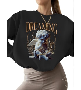 Bej 3 iplik şardonlu bisiklet yaka kadın Rüya görmek Baskılı kalın erkek Sweatshirt unisex (Siyah)