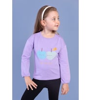 Toontoy Kız Çocuk Baskılı Kol Ucu Lastikli Sırtı Nakış Detaylı Tişört (Lila)