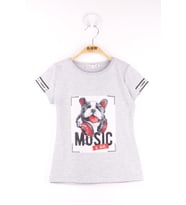 Toontoy Kız Çocuk Kol Kulaklıklı Köpek Baskılı Tişört ( Gri-Melanj)