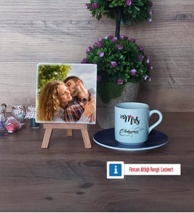 Eşe Hediye Mrs Fotoğraflı Dekoratif Taş, Ahşap Altlıklı Türk Kahvesi Fincanı Hediye Yıl Dönümü Hediyesi (Model 4)