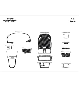Meriç® Nissan Almera SD Ön Torpido Kaplama Maun 16 Parça 2000-2003 (Karbon)