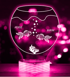 Kişiye Özel Balıklı Akvaryum 3D LED Lamba (Pembe)