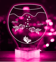 Kişiye Özel Balıklı Akvaryum 3D LED Lamba (Pembe)