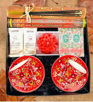 Kütahya El Yapımı 2 Kişilik Çini Kahve Fincanı & Tütsü Seti & Lotus Mum & Kahve & Kokulu Mendil (Kırmızı)