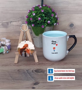 Ütopyalar Güzeldir Kupa Bardak Beyaz ve Fotoğraflı Ahşap Anahtarlık Hediye (Model 10)