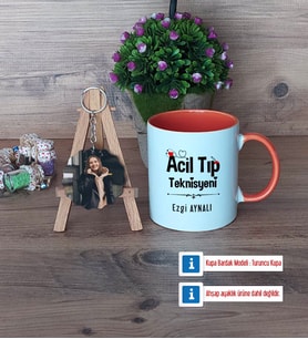 Acil Tıp Teknisyeni Kupa Bardak Beyaz ve Fotoğraflı Ahşap Anahtarlık Hediye (Model 13)