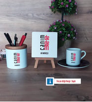 Dedeye Hediye Hediye Seti Dekoratif Taş, Kalemlik, Ahşap Altlıklı Türk Kahvesi Fincanı Hediye (Model 7)