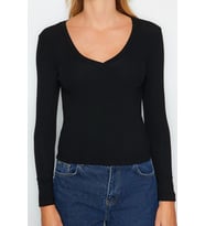 Moda V Yaka Örme Slim Düz Desen Casual Günlük Regular Uzun Kol Bluz (Siyah)