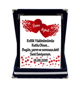 Evlilik Yıl Dönümü Hediyesi İsim ve Tarihli Kişiye Özel Plaket (Lacivert)