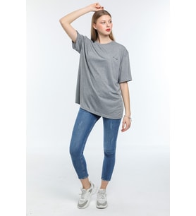 Kadın Bisiklet Yaka Regular Fit  Air Baskılı Tişort SPR21YK23 (Gri)