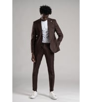SİR Regular Fit Yarım Astarlı %100 Linen (Keten) Kumaş Takım Elbise (Kahverengi)