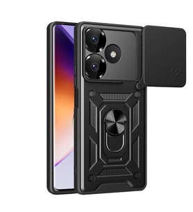 Xiaomi Redmi 13 4G Kılıf Yüzüklü Standli Sürgülü Kamera Korumalı Tank Sert Silikon Kapak (Siyah)